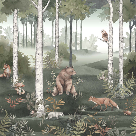 Wild Forest Mural wallpaper by Boråstapeter for Schumacher featuring a scenic Nordic forest with birch trees, ferns, and woodland animals.