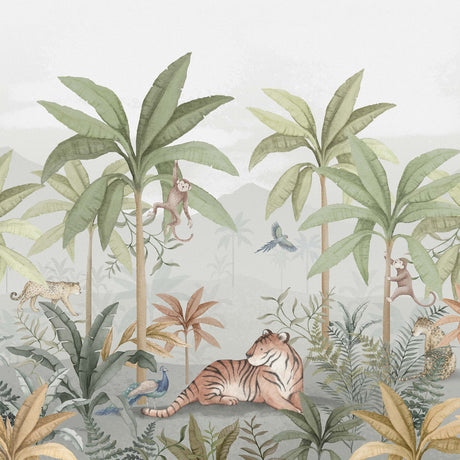 Wild Jungle Mural wallpaper featuring playful monkeys, wild cats, exotic birds, and lush tropical foliage in a hand-painted style by Boråstapeter for Schumacher.