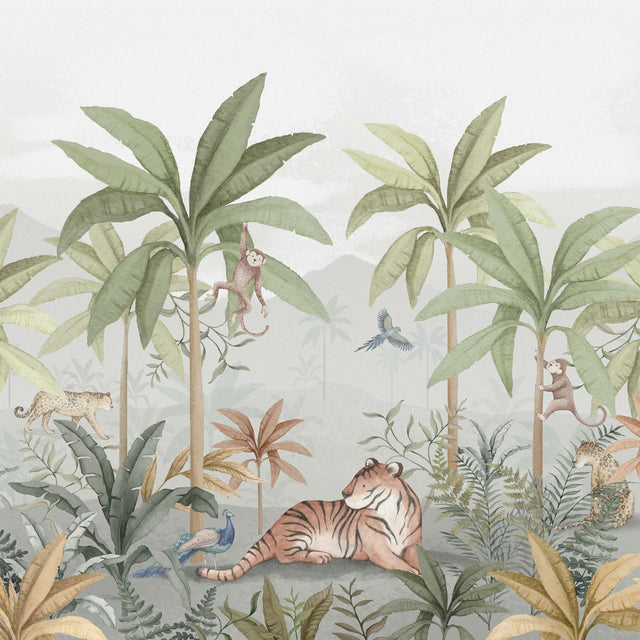Wild Jungle Mural wallpaper featuring playful monkeys, wild cats, exotic birds, and lush tropical foliage in a hand-painted style by Boråstapeter for Schumacher.