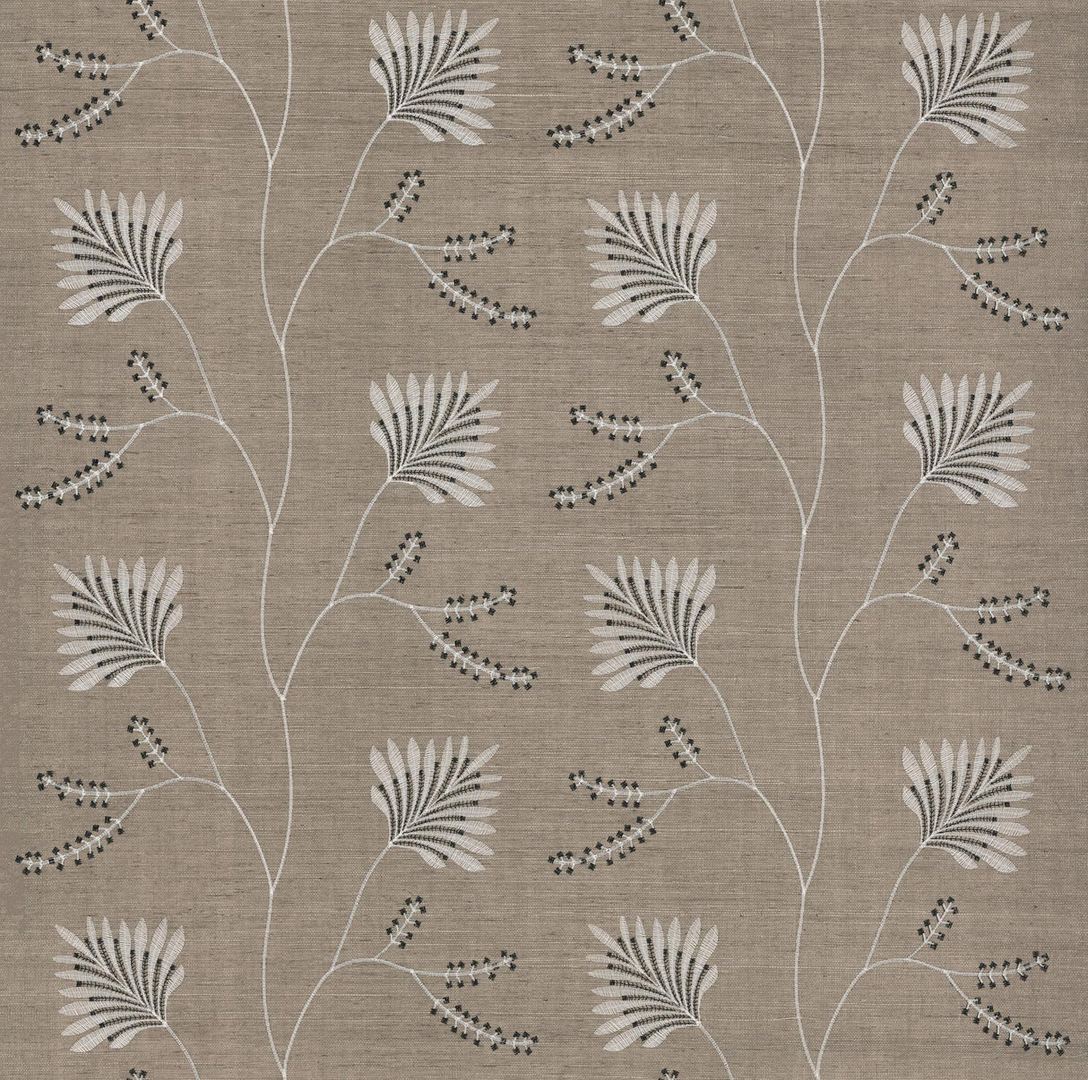 Laelynn Taupe embroidered sisal grasscloth wallpaper by Ronald Redding, 36 in x 24 ft roll.