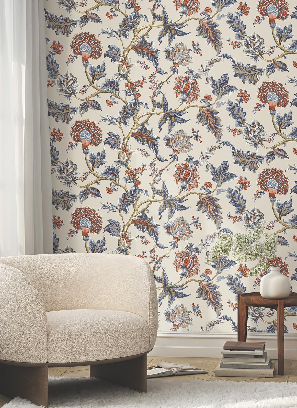 Monroe Navy by Ronald Redding Jacobean Floral Wallpaper- York Designer Series MX9621W