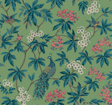 Peacock Estate Green wallpaper with peacocks, birds, floral branches on green ground, 27 in x 27 ft roll.