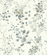 Spring Whispers Moss wallpaper by Candice Olson featuring watercolor botanical vines and leaves in green and blue on an off-white ground