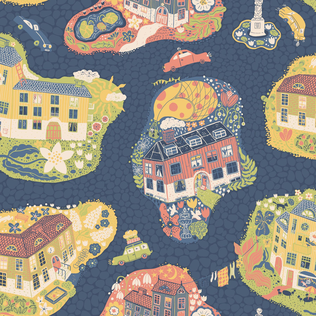 Staden Dark Blue wallpaper room scene with whimsical houses and cars