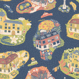 Staden Dark Blue wallpaper room scene with whimsical houses and cars