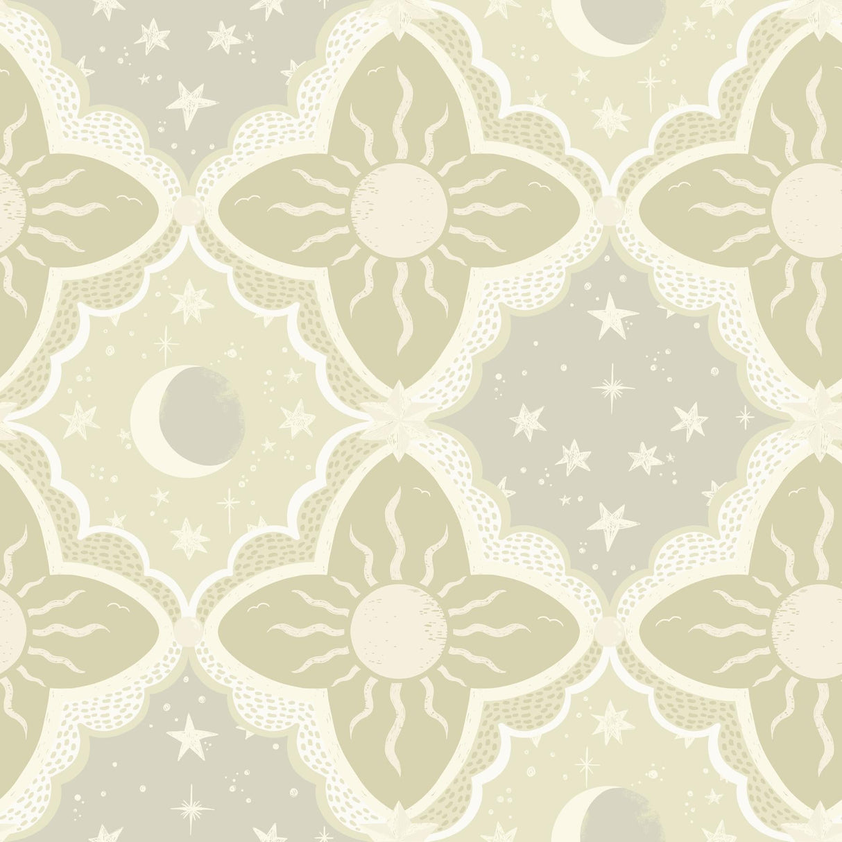 Sol & Mane Green celestial wallpaper with suns, moons, and stars by York Wallcoverings