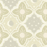 Sol & Mane Green celestial wallpaper with suns, moons, and stars by York Wallcoverings