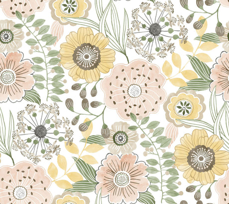 Artistic Bouquet Coral & Lemon floral wallpaper by York Wallcoverings, pattern ZM2895