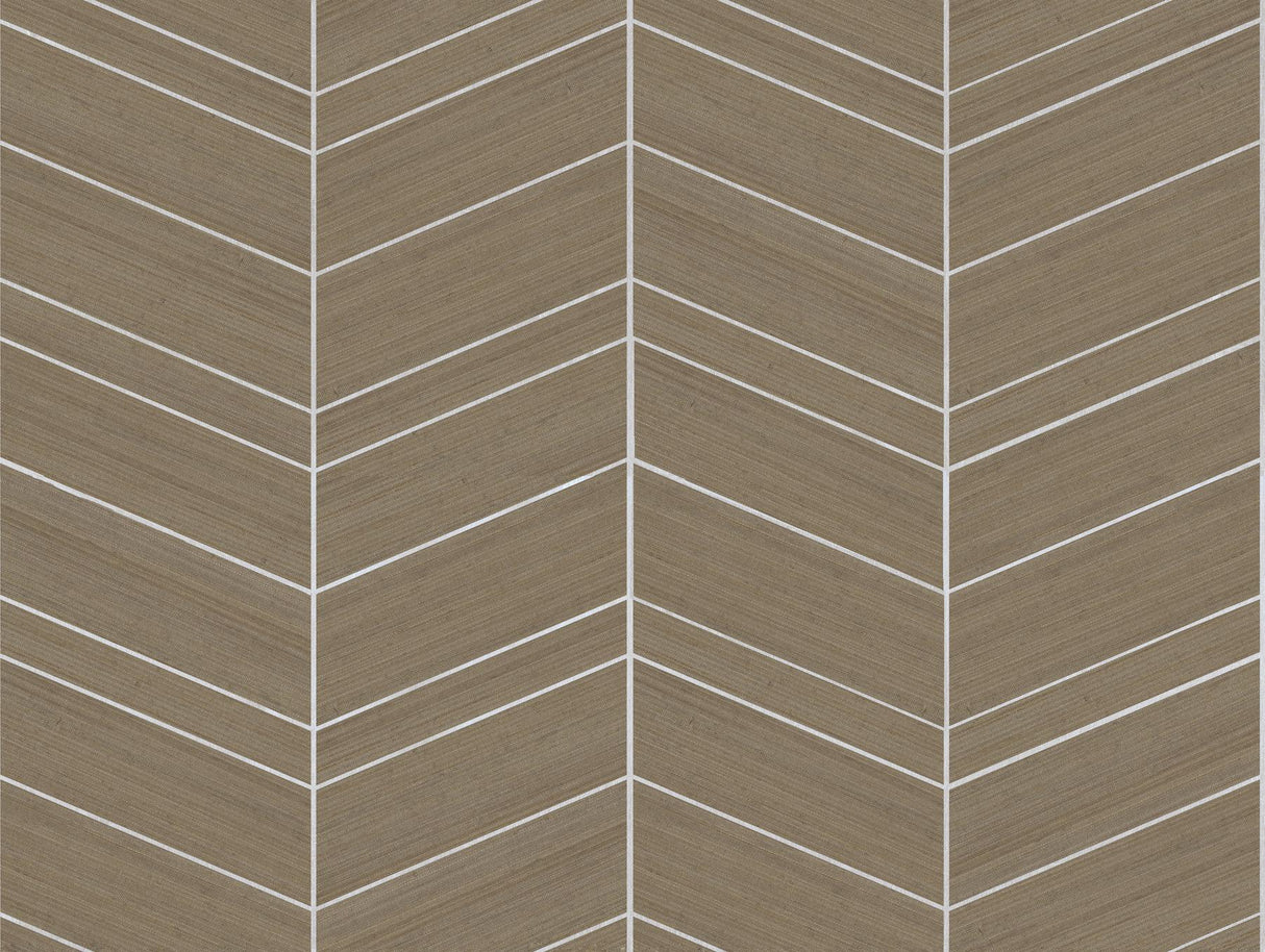 Chevron Abaca grasscloth wallpaper in cinnamon brown with white chevron lines.
