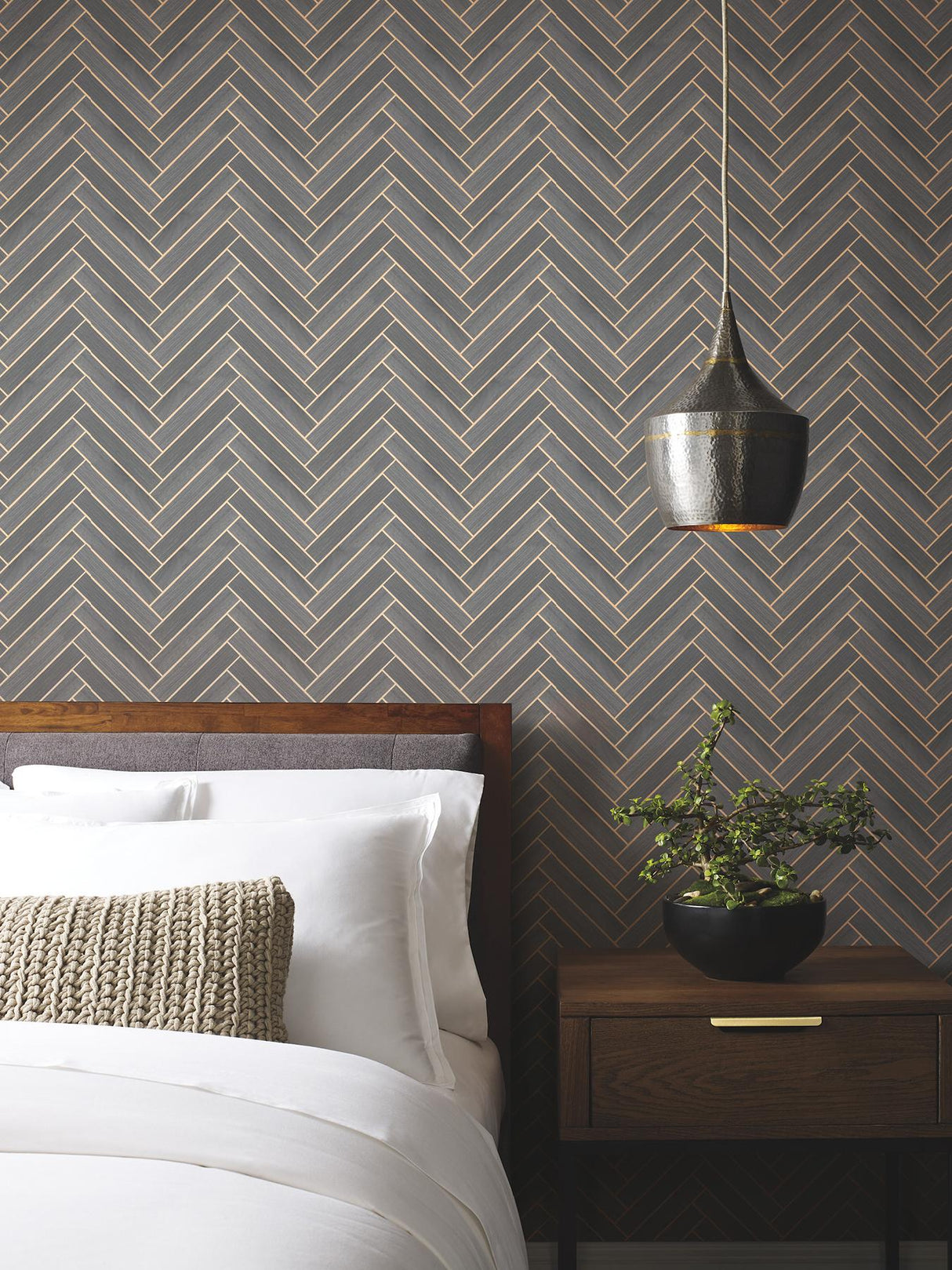 Herringbone Wood Veneer Graphite by Ronald Redding Wood Veneer Wallpaper – York Designer Series YGL7074