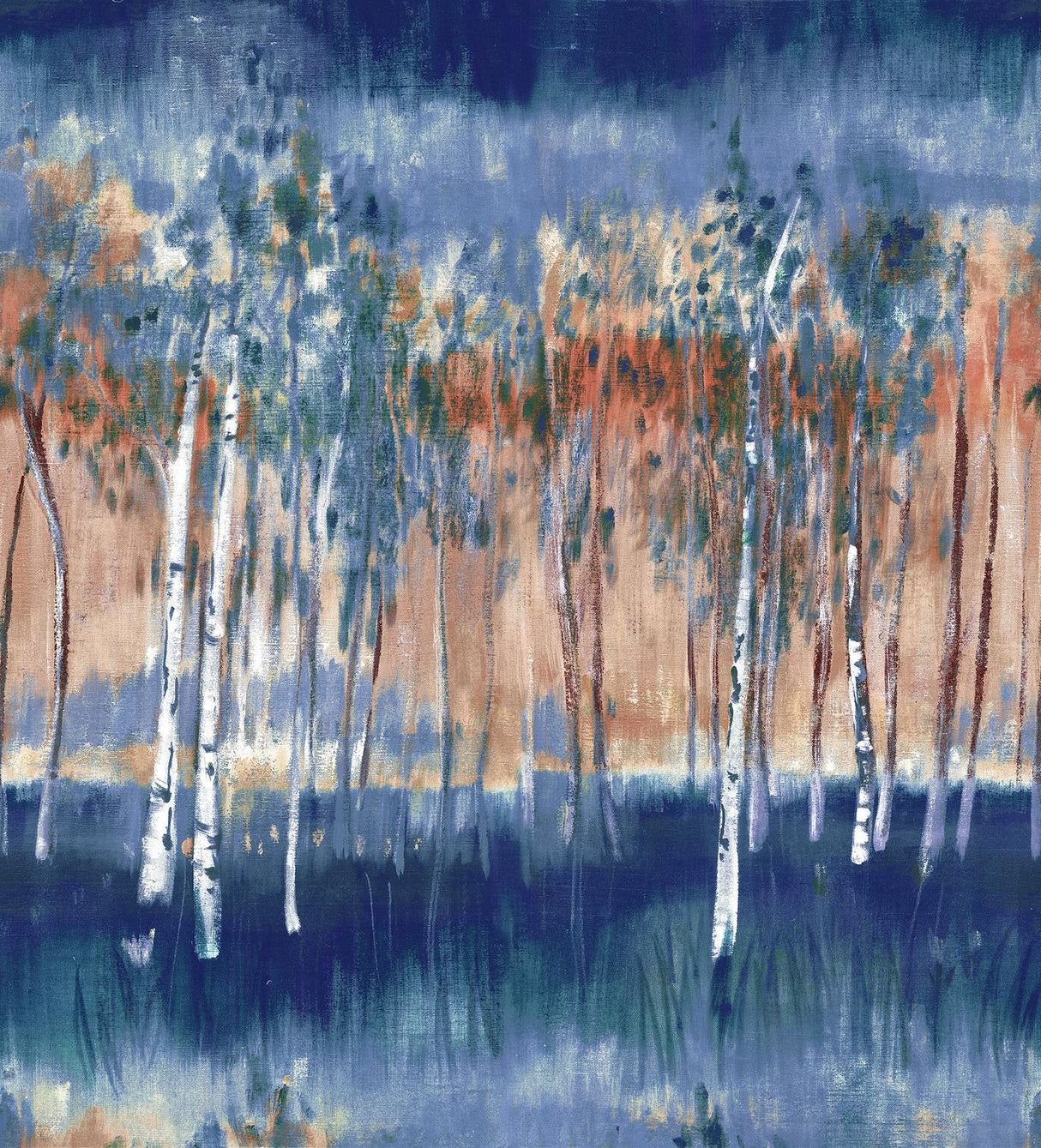 Primavera Dark Blue wall mural by A-Street Prints showing abstract birch grove.