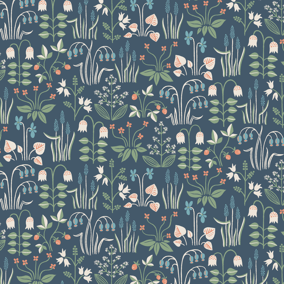 Strawberry Field navy wallpaper by Boråstapeter for Schumacher, featuring whimsical Scandinavian floral and strawberry motifs on a non-woven roll.