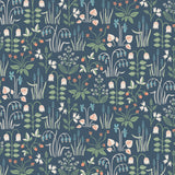 Strawberry Field navy wallpaper by Boråstapeter for Schumacher, featuring whimsical Scandinavian floral and strawberry motifs on a non-woven roll.