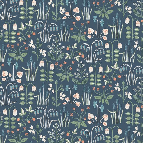 Strawberry Field navy wallpaper by Boråstapeter for Schumacher, featuring whimsical Scandinavian floral and strawberry motifs on a non-woven roll.