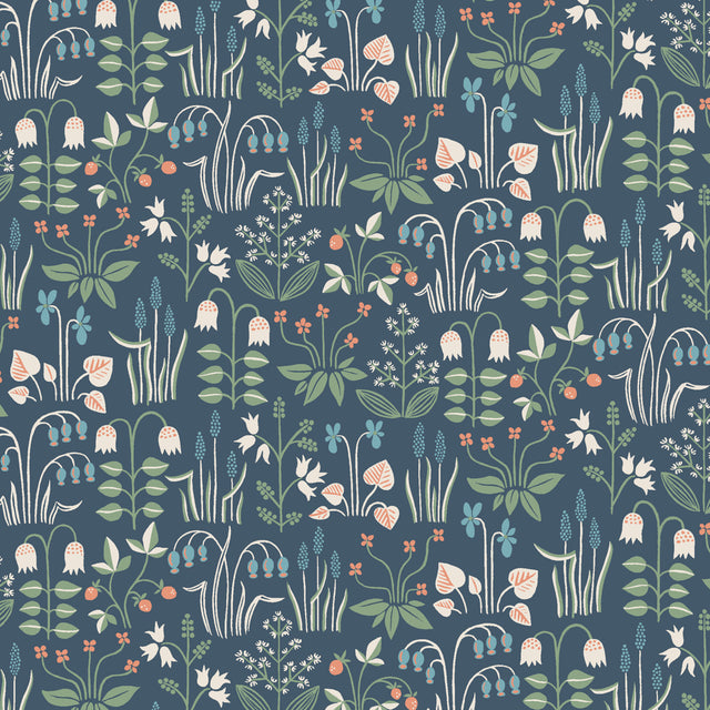 Strawberry Field navy wallpaper by Boråstapeter for Schumacher, featuring whimsical Scandinavian floral and strawberry motifs on a non-woven roll.