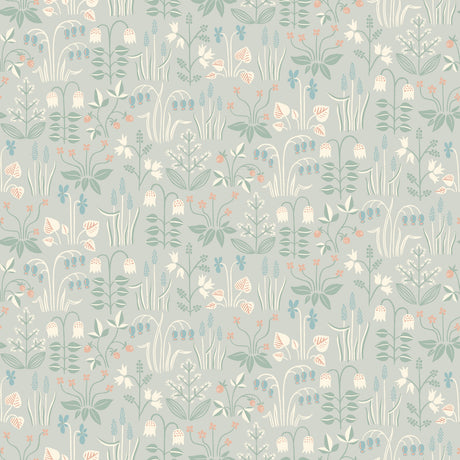 Strawberry Field wallpaper in Dove by Boråstapeter for Schumacher, whimsical Scandinavian floral and strawberry pattern in soft pastel colors.