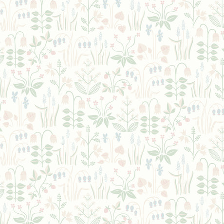 Strawberry Field wallpaper in ivory by Boråstapeter for Schumacher, whimsical Scandinavian floral and strawberry pattern.