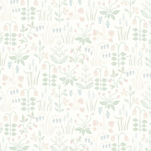 Strawberry Field wallpaper in ivory by Boråstapeter for Schumacher, whimsical Scandinavian floral and strawberry pattern.