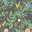 Spring Garden wallpaper in charcoal multi by Boråstapeter for Schumacher, featuring a vibrant floral botanical pattern on a dark background.