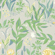 Spring Garden wallpaper in Leaf Multi by Boråstapeter for Schumacher, featuring a botanical floral pattern in green, yellow, and blue tones.