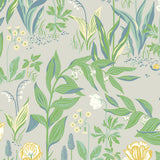 Spring Garden wallpaper in Leaf Multi by Boråstapeter for Schumacher, featuring a botanical floral pattern in green, yellow, and blue tones.