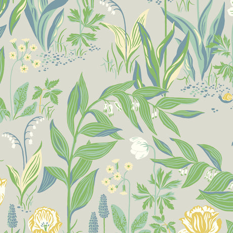 Spring Garden wallpaper in Leaf Multi by Boråstapeter for Schumacher, featuring a botanical floral pattern in green, yellow, and blue tones.