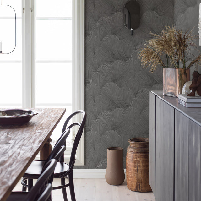 Mirage Charcoal by Boråstapeter Abstract Fanlike Lines Wallpaper – Schumacher 7262