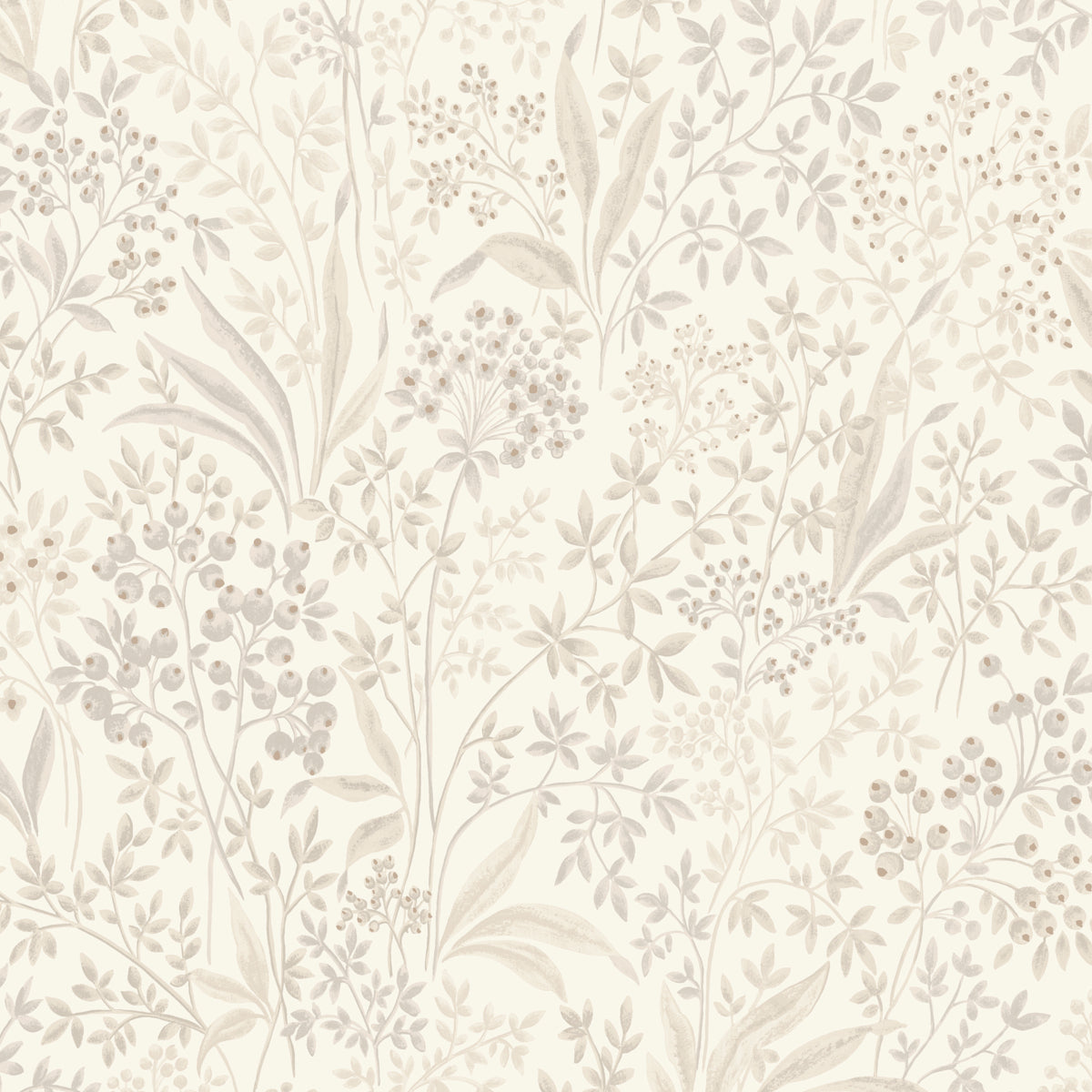 Nocturne wallpaper in stone and gold by Boråstapeter for Schumacher, featuring a detailed botanical and berry pattern.
