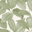 Leaf print wallpaper in green tones by Boråstapeter for Schumacher, shown in a styled interior and close-up.