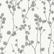 Disa Charcoal by Boråstapeter - Delicate twig and bud Scandinavian wallpaper in charcoal grey on white background, styled in a modern interior.