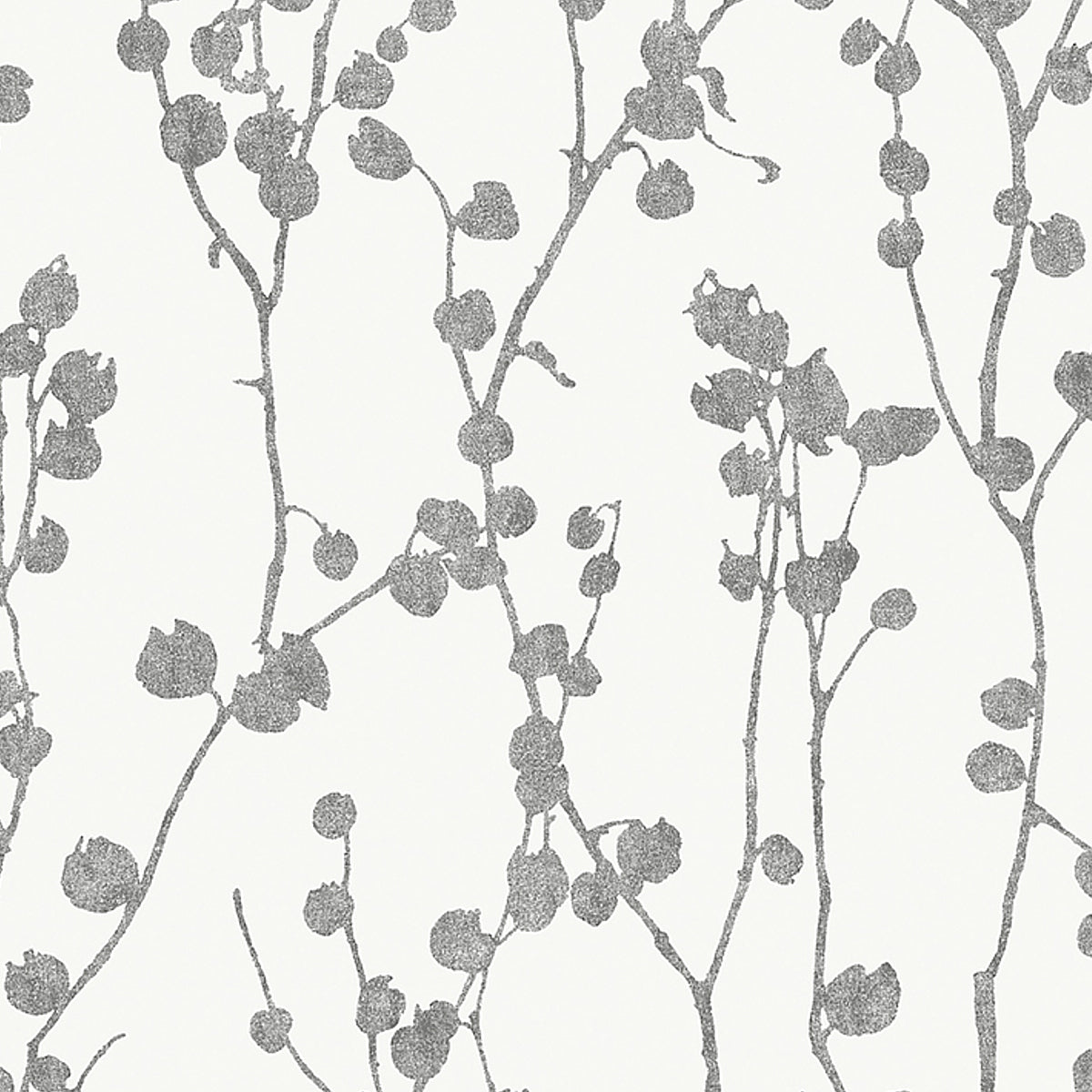 Disa Charcoal by Boråstapeter - Delicate twig and bud Scandinavian wallpaper in charcoal grey on white background, styled in a modern interior.