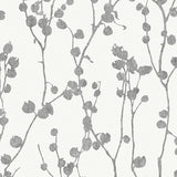 Disa Charcoal by Boråstapeter - Delicate twig and bud Scandinavian wallpaper in charcoal grey on white background, styled in a modern interior.
