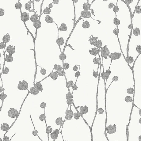 Disa Charcoal by Boråstapeter - Delicate twig and bud Scandinavian wallpaper in charcoal grey on white background, styled in a modern interior.