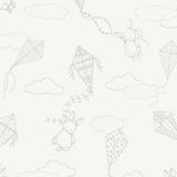 Up & Away wallpaper in ivory by Boråstapeter for Schumacher, featuring whimsical bunnies and kites in a nursery setting.