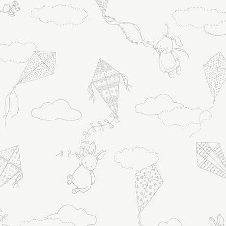 Up & Away wallpaper in ivory by Boråstapeter for Schumacher, featuring whimsical bunnies and kites in a nursery setting.
