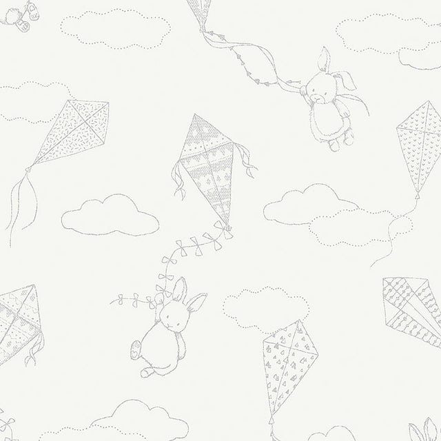 Up & Away wallpaper in ivory by Boråstapeter for Schumacher, featuring whimsical bunnies and kites in a nursery setting.