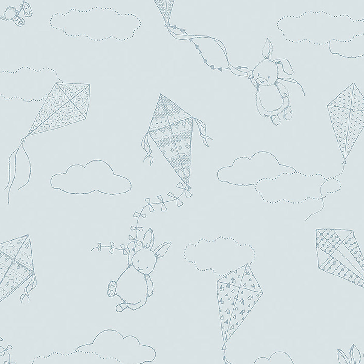 Up & Away wallpaper in sky and silver with whimsical bunnies and kites by Boråstapeter for Schumacher