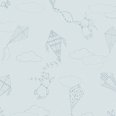 Up & Away wallpaper in sky and silver with whimsical bunnies and kites by Boråstapeter for Schumacher