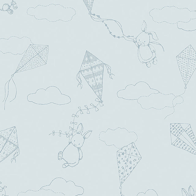 Up & Away wallpaper in sky and silver with whimsical bunnies and kites by Boråstapeter for Schumacher