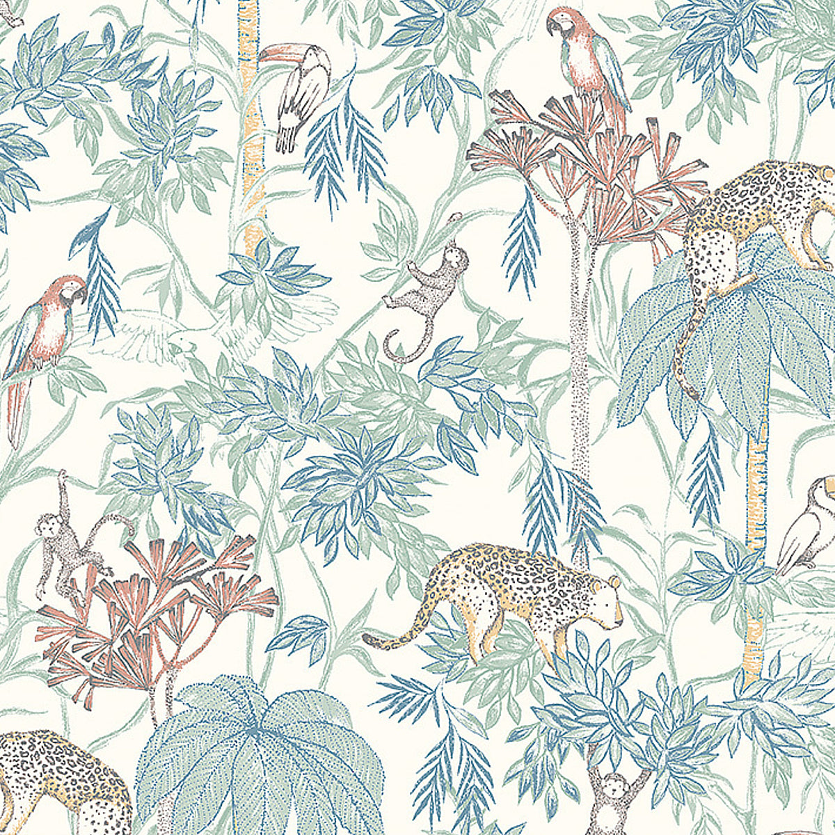Wild Jungle wallpaper by Boråstapeter and Newbie for Schumacher, featuring whimsical rainforest animals and lush foliage in multi-color.