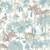 Wild Jungle wallpaper by Boråstapeter and Newbie for Schumacher, featuring whimsical rainforest animals and lush foliage in multi-color.