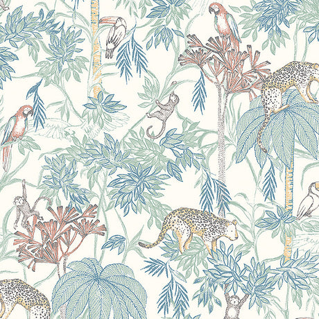 Wild Jungle wallpaper by Boråstapeter and Newbie for Schumacher, featuring whimsical rainforest animals and lush foliage in multi-color.