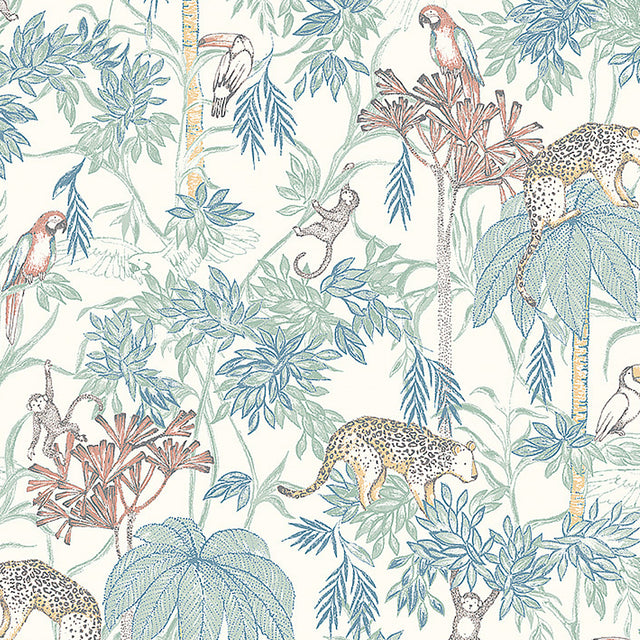 Wild Jungle wallpaper by Boråstapeter and Newbie for Schumacher, featuring whimsical rainforest animals and lush foliage in multi-color.