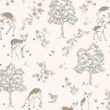 Deer Love blush wallpaper with whimsical deer, trees, and floral pattern by Boråstapeter for Schumacher
