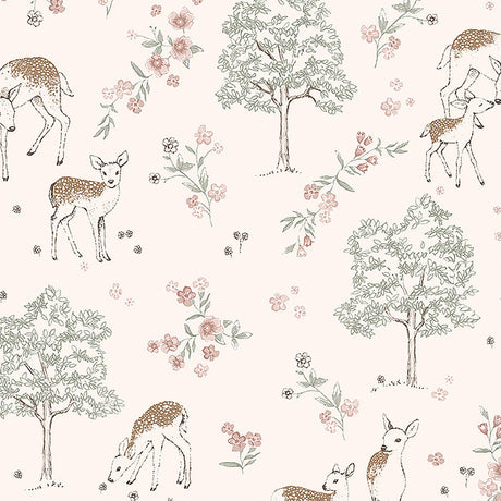 Deer Love blush wallpaper with whimsical deer, trees, and floral pattern by Boråstapeter for Schumacher