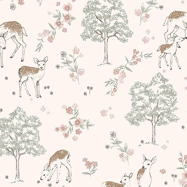 Deer Love blush wallpaper with whimsical deer, trees, and floral pattern by Boråstapeter for Schumacher