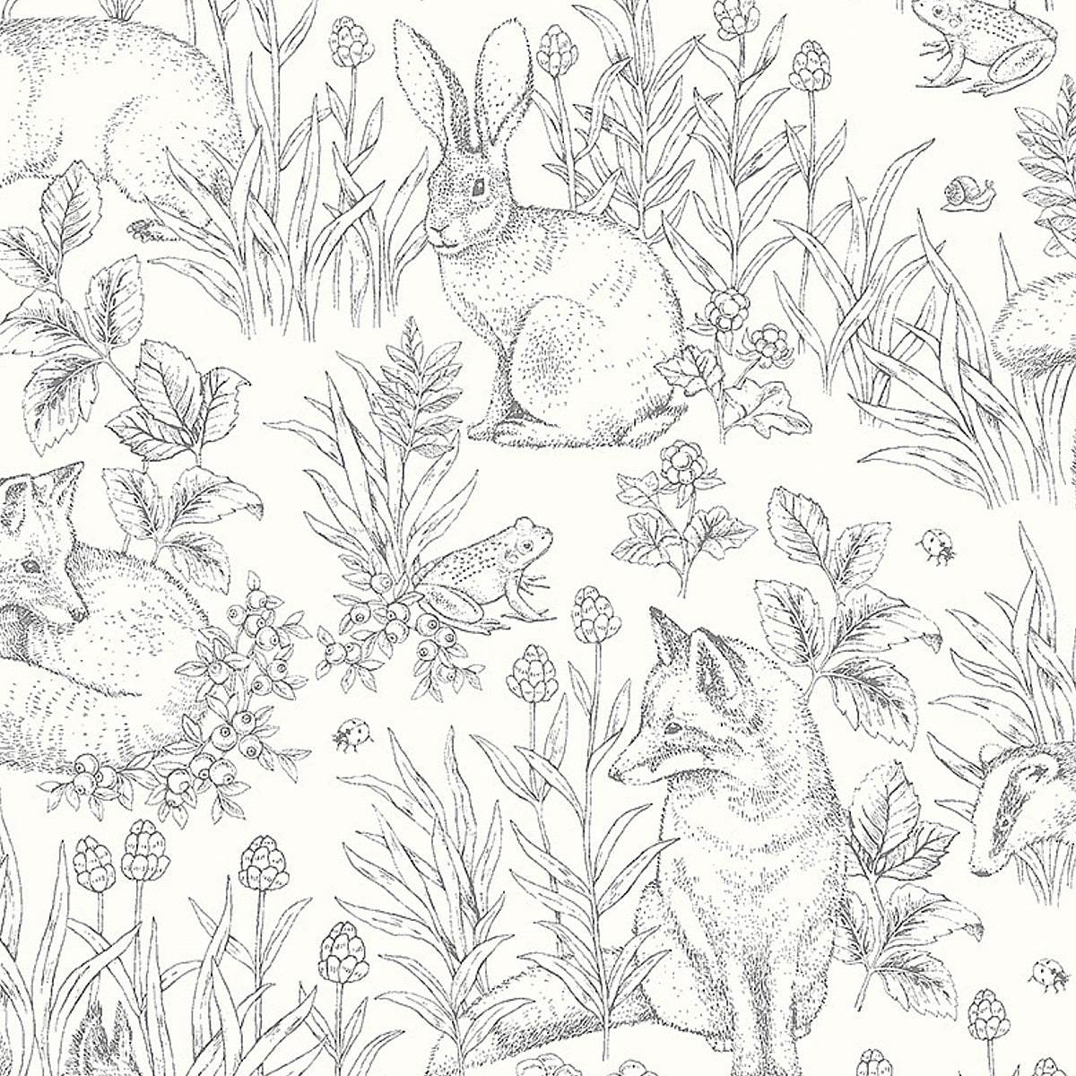 Forest Friends wallpaper in ivory with illustrated woodland animals including rabbits, foxes, squirrels, and hedgehogs by Boråstapeter for Schumacher.