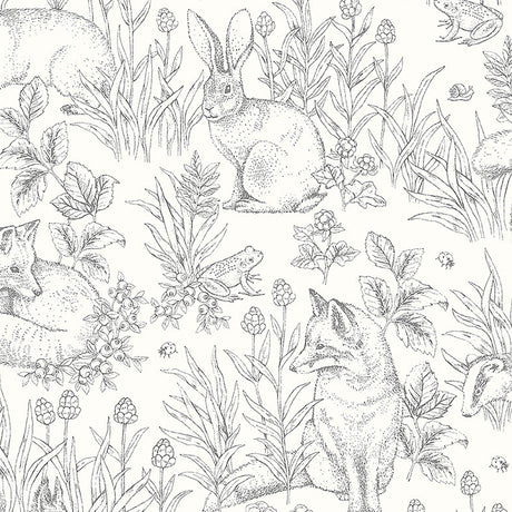 Forest Friends wallpaper in ivory with illustrated woodland animals including rabbits, foxes, squirrels, and hedgehogs by Boråstapeter for Schumacher.