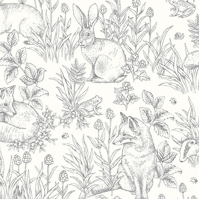 Forest Friends wallpaper in ivory with illustrated woodland animals including rabbits, foxes, squirrels, and hedgehogs by Boråstapeter for Schumacher.