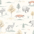 Up North wallpaper in ivory by Boråstapeter for Schumacher, featuring whimsical woodland animals and trees in a Scandinavian style.